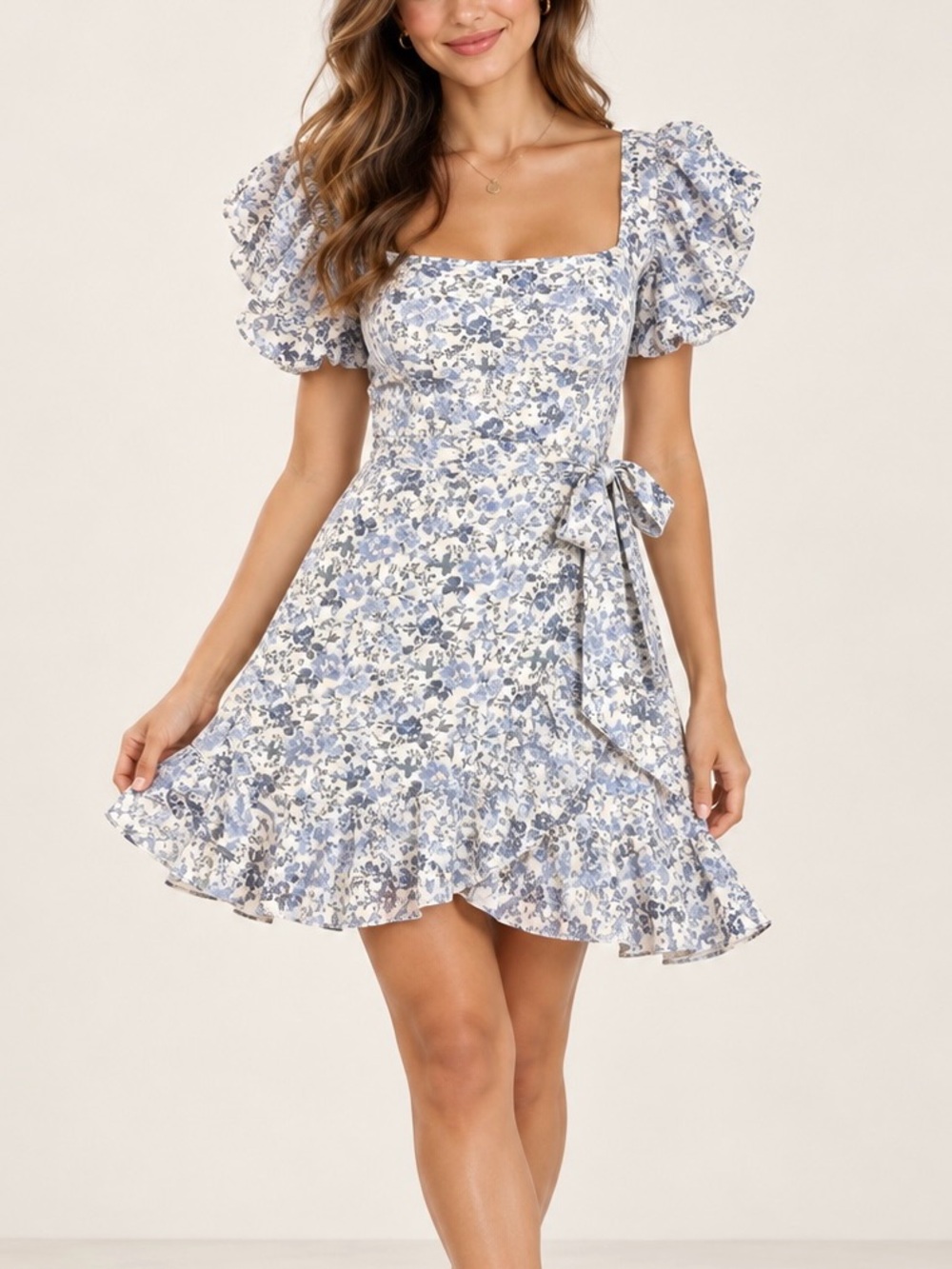 Trixxi Blue Floral Puff Sleeve Wrap Mini Dress – Size Medium